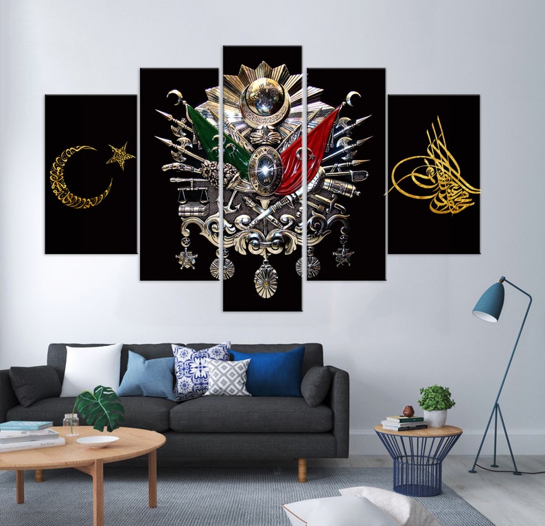 May include: A five-piece canvas print set featuring a detailed depiction of the Ottoman Empire's coat of arms. The coat of arms is a complex design with a crescent moon, star, and various symbols, all rendered in gold and silver against a black background.