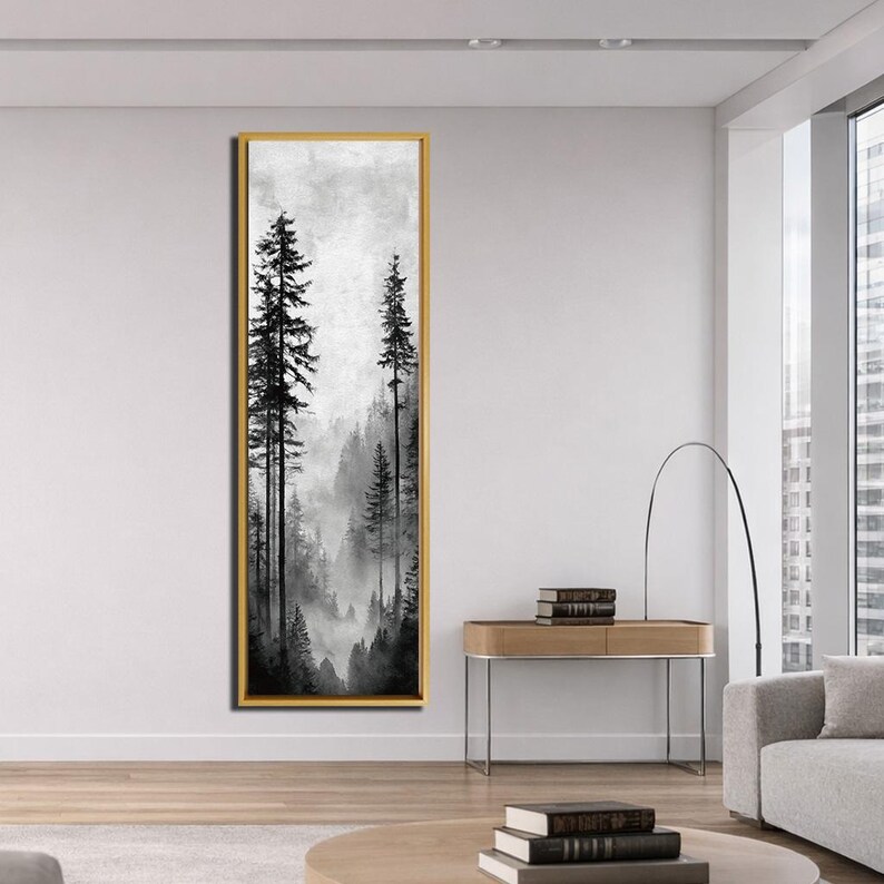 Misty Forest Canvas Wall Art, Black and White Vertical Landscape Print ...