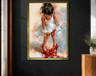 Little Girl in Red Heels Canvas Print, Ballerina Wall Art, Cute Nursery Decor, Oil Painting Girl Room Art, Daughter Gift Framed Canvas