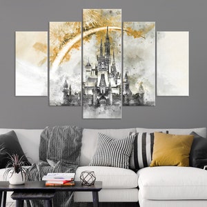 Disney World Wall Art, Cinderella Castle Disney Print, Kids Home Room Decor Art, Disneyland Castle Yellow Grey watercolor cartoon canvas art