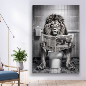 トイレの壁アート、トイレのキャンバスアート、面白いバスルームの装飾、面白い動物のプリント、ライオンアート、ライオンのキャンバス、トレンディな壁アート、トイレの動物のキャンバス