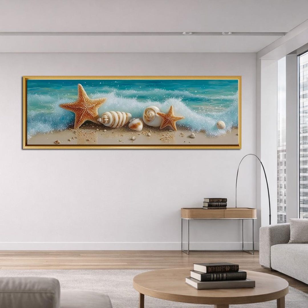 Starfish Seashell Canvas Wall Art, Coastal Beach Ocean Wave Panoramic ...