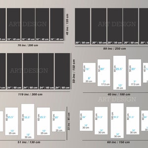 May include: A chart showing different sizes of canvas prints in inches and centimeters. The chart is divided into five sections, each with a different number of canvases. The chart is labeled "ART DESIGN".