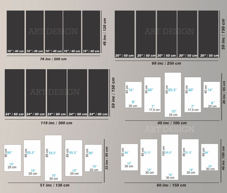 May include: A chart showing different sizes of canvas prints in inches and centimeters. The chart is divided into five sections, each with a different number of canvases. The chart is labeled "ART DESIGN".