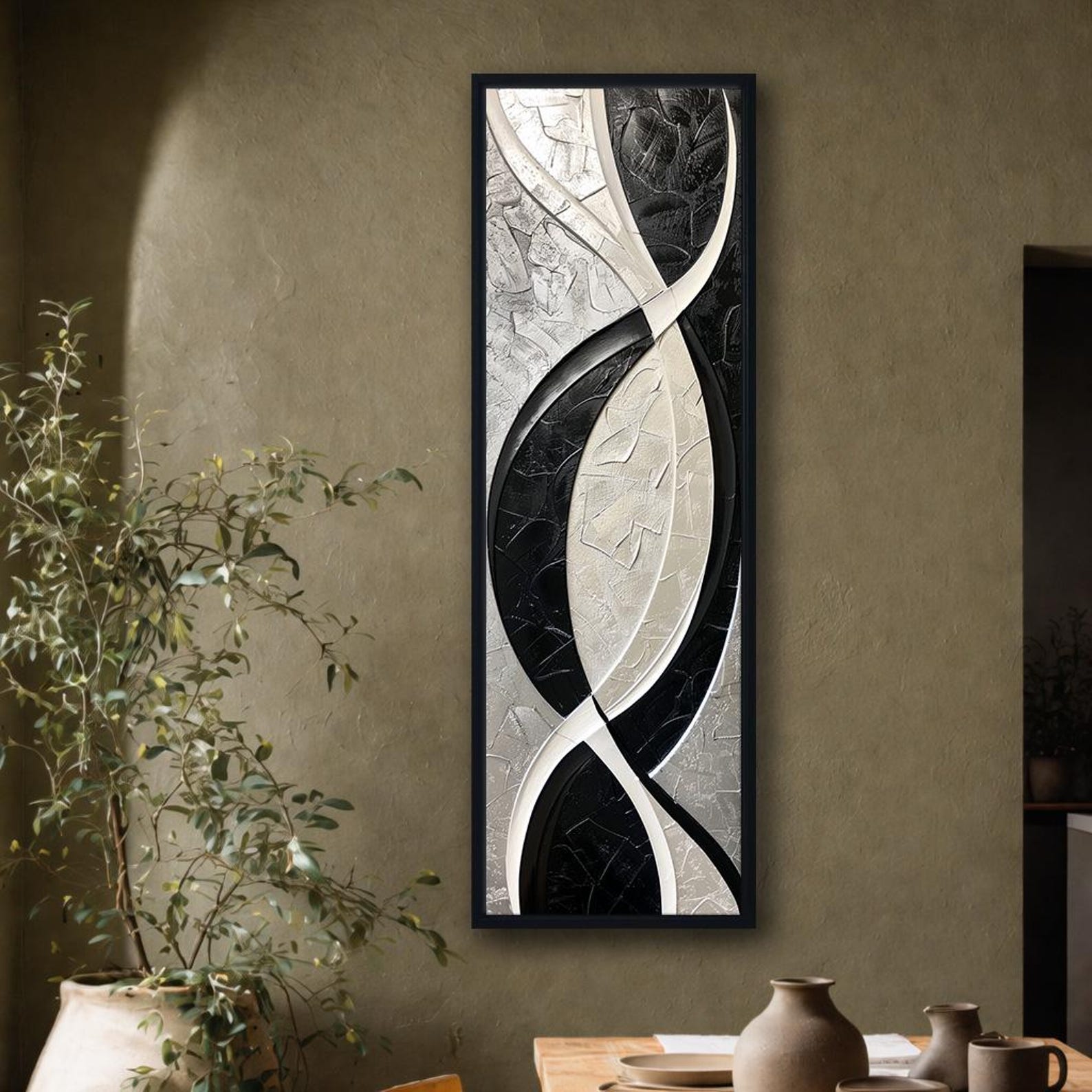 Black and White Abstract Canvas Wall Art, Vertical Modern Geometric ...