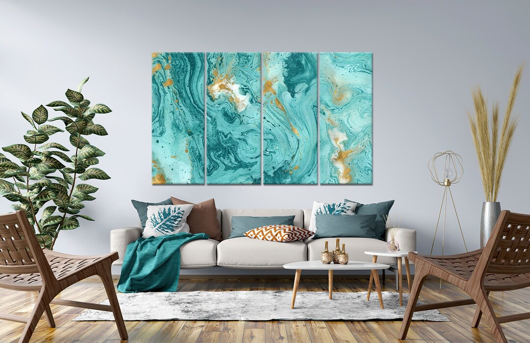 Green Abstract Canvas Art, Decorative Design Marble Texture Abstract Painting Turquoisegold