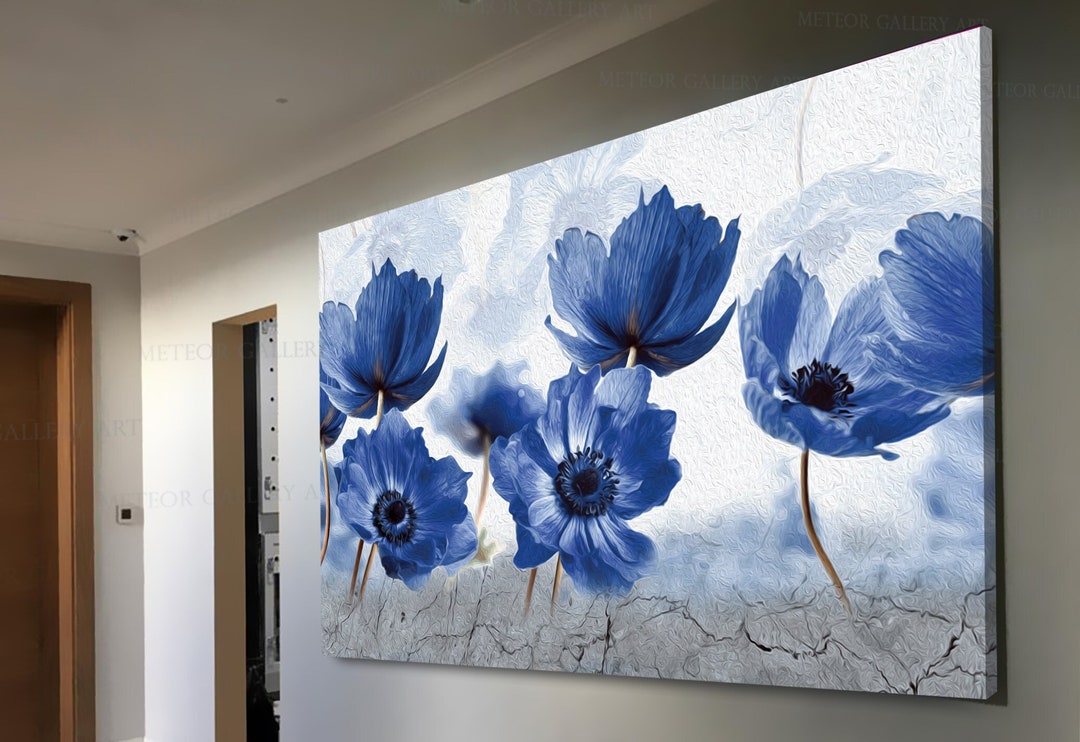Blue Flower Canvas Art, Abstract Floral Blue Color Wall Art, Modern ...