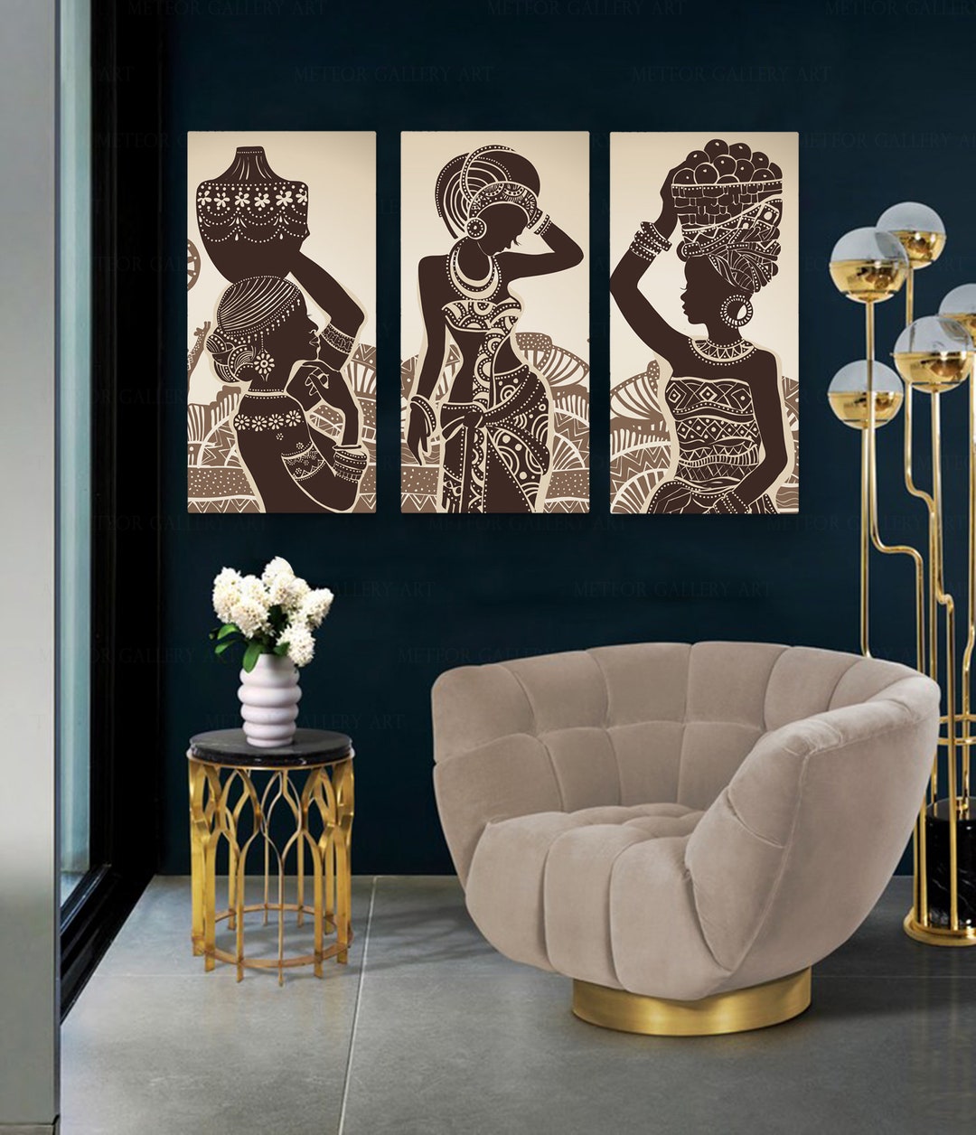 African Wall Art, Set of 3 Ethnic Art Decor, Brown African Print, Women ...