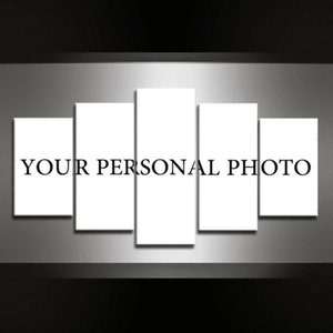 May include: A five-panel canvas art piece with the text "YOUR PERSONAL PHOTO" in black. The panels are white and arranged horizontally against a grey and black background. The artwork is designed to display a personal photograph.