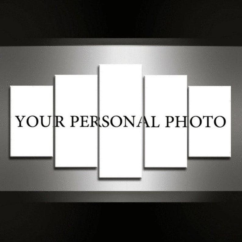 May include: A five-panel canvas art piece with the text "YOUR PERSONAL PHOTO" in black. The panels are white and arranged horizontally against a grey and black background. The artwork is designed to display a personal photograph.