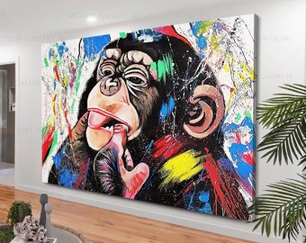 Abstract Graffiti Monkey Make Faces Canvas Print, Funny Gorilla Wall Art Picture, Animal Wall art, Colorful Chimp Canvas Decor, Monkey Art