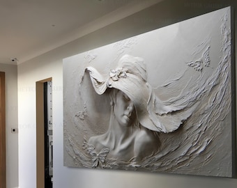Peinture sur toile pour femmes avec un chapeau qui ressemble à un relief 3D, art mural pour femmes à motif papillon en pierre avec impression de chapeau de couleur grise