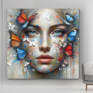 Woman Wall Art Canvas, Butterfly Wall Art, Butterfly Woman Painting Canvas, Blue Red White Canvas, Beautiful Woman Canvas, Living Room Decor