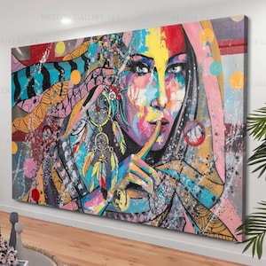 Colorful Woman Canvas Art, Beautiful Woman Wall Art, Graffiti Woman Portrait, Fashion Canvas Painting, Abstract Girl art, Ethnic Style Girls
