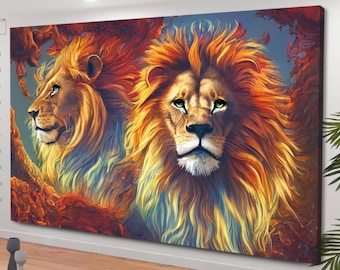 Lion Wall Art, King and Queen, Lion and Lioness Print, Canvas Wall Art, Couples Wall art, Love Heart Wall Art, wildlife canvas, Oversize Art