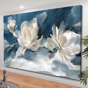 White Blue flower canvas art, Spring flowers wall art, white roses art, white Flowers Wall Art, floral canvas art, white flower canvas decor