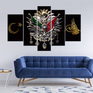 May include: A five-piece canvas print set featuring a gold and silver Ottoman coat of arms with a crescent moon and star, a red and green flag, and calligraphy in gold on a black background.