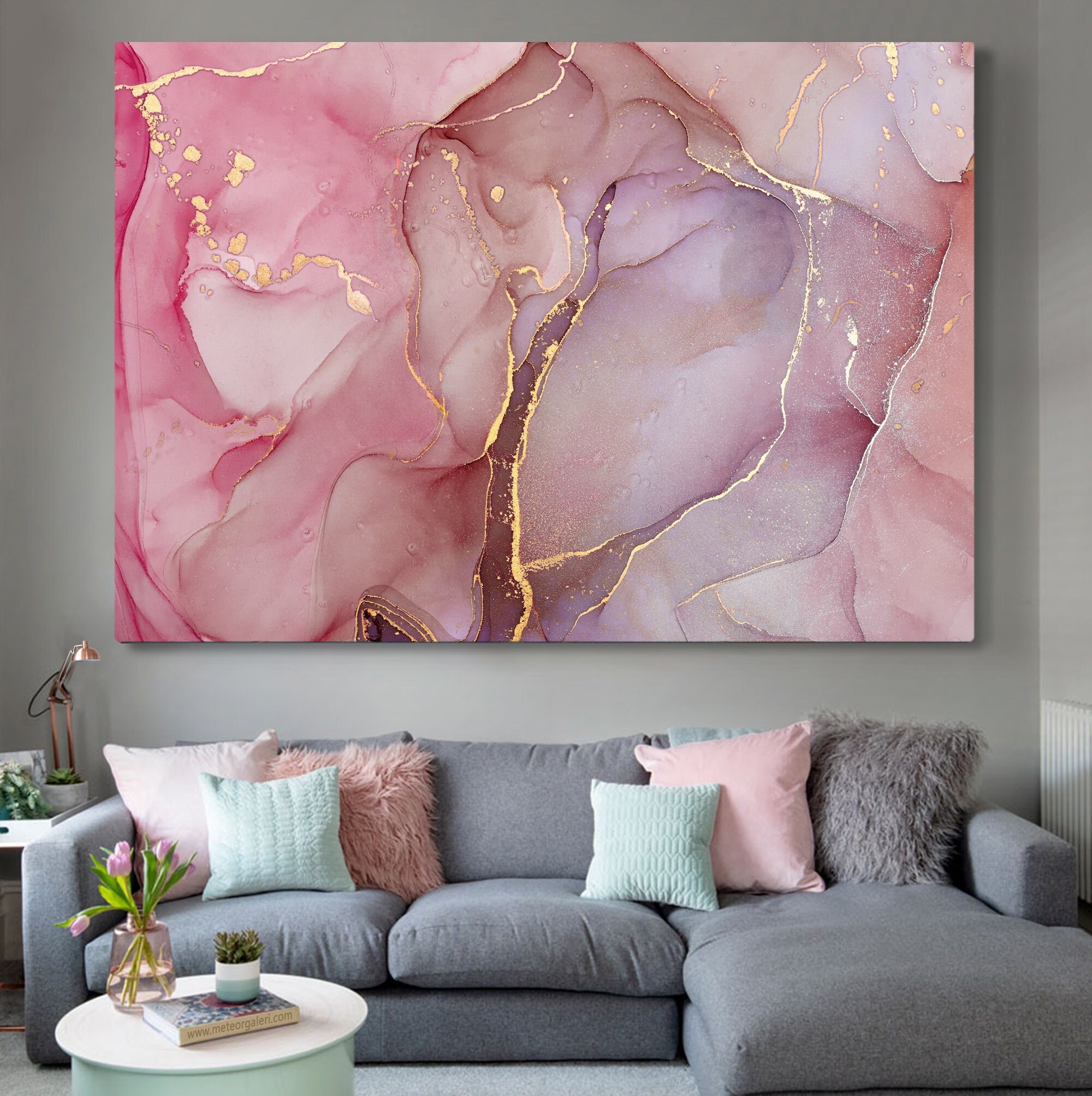 Abstraktes Leinwandbild 'Rosa & Gold Marmor' – 40x60 Cm, Moderner Kunstdruck Für Wohnzimmer & Büro