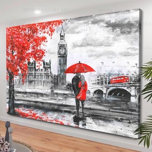 Bridge in London Canvas Art, river and bus street view, man woman under a red umbrella, Red Grey Landscape Wall Art, Romantic Couple London