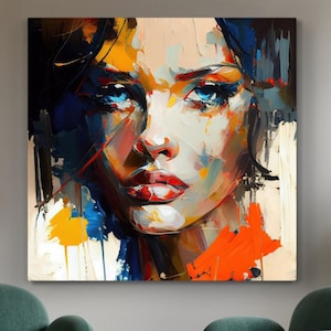 Tela colorida de retrato, arte de parede feminina, pintura abstrata, arte de retrato feminino, arte de parede luxuosa, arte de parede com rosto bonito, arte contemporânea