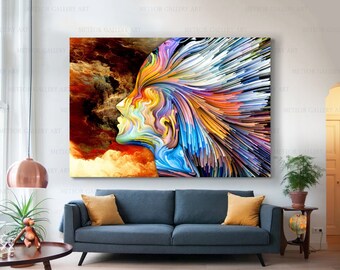 May include: A large canvas art print featuring a profile of a face composed of colorful, flowing lines. The artwork transitions from warm tones of orange and brown to vibrant blues and greens. The words "METEOR GALLERY ART" are printed on the canvas.