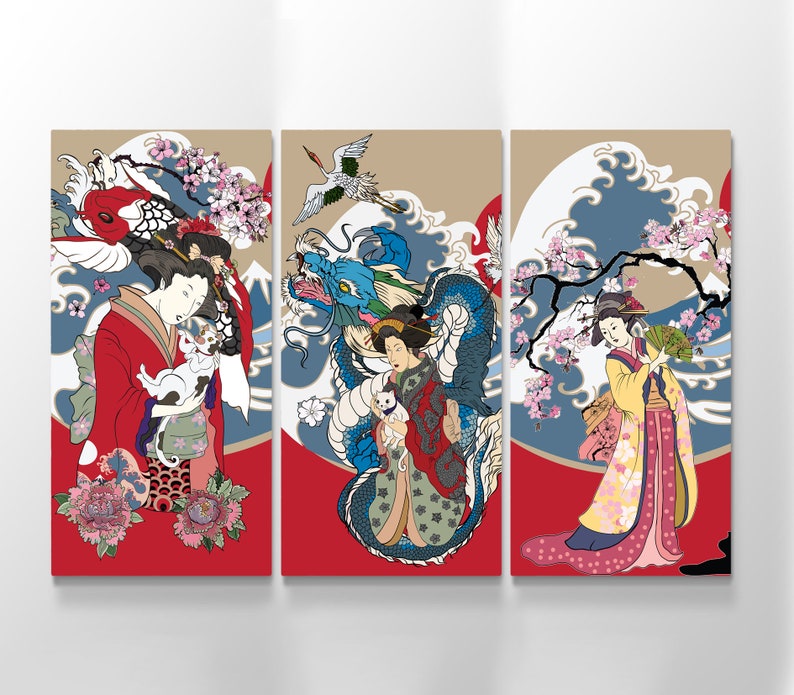 Japanese Woman Wall Art Canvas Print Ethnic Set of 3 Home - Etsy
