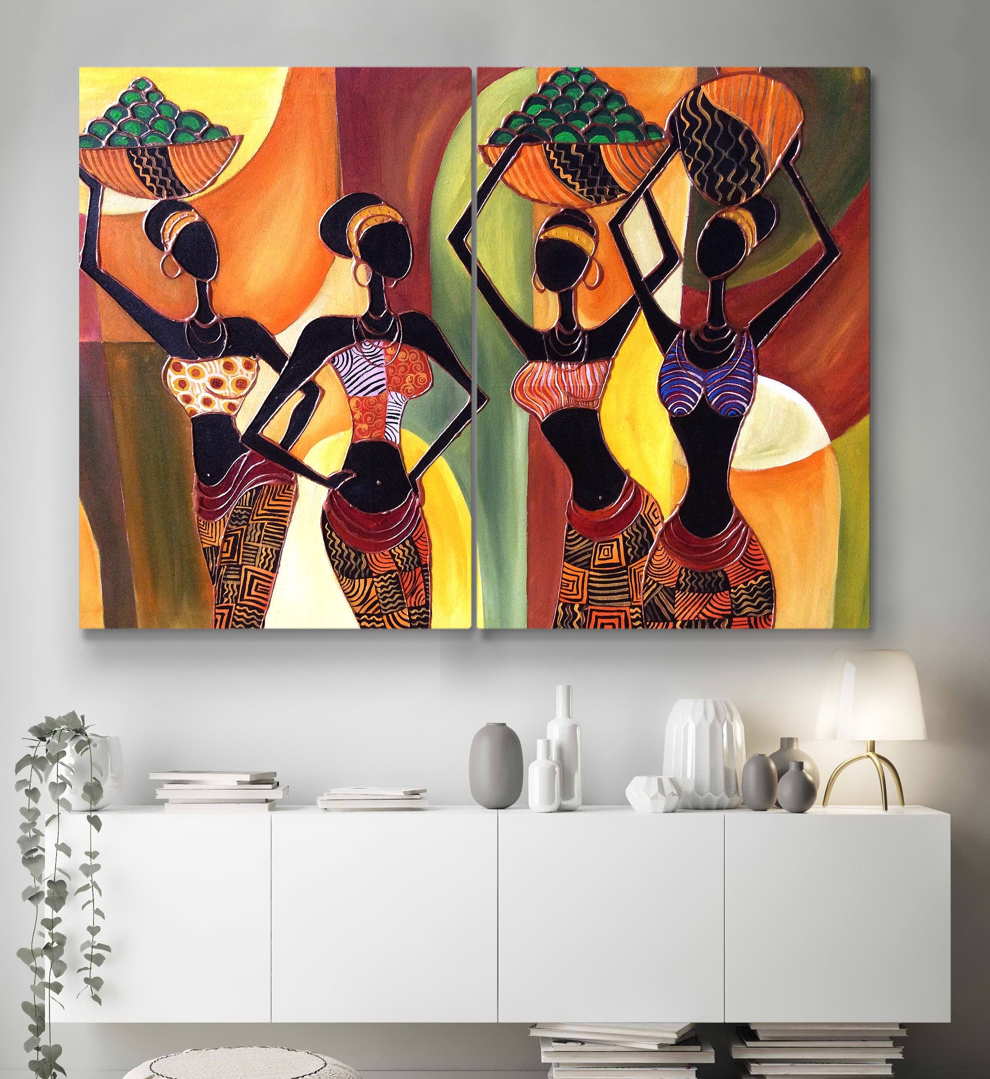 Tableau Art photo femme africaines OR sur toile noire. 60x90cm