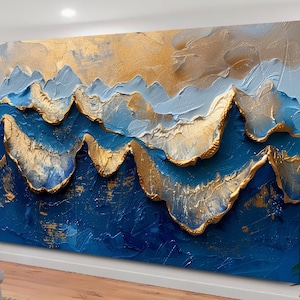 Abstract Ocean Wave Wall Art, Landscape Canvas, Modern Home Decor, Abstract Nature Blue Sea, Blue Yellow Wall Art, Abstract Blue painting