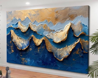 Arte mural abstracto de olas oceánicas, lienzo de paisaje, decoración moderna del hogar, naturaleza abstracta, mar azul, arte mural azul y amarillo, pintura abstracta azul