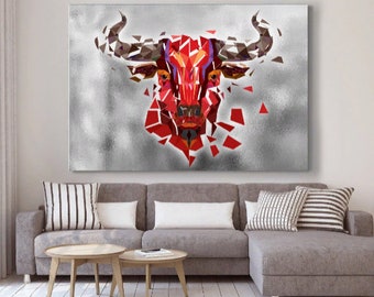 Abstrakte Malerei Acrylbilder auf Leinwand, Büffel Bilder, Red Bull Wandbild, großes Tier Gemälde, Wohnzimmer Dekor, Tierkunst, Stier Poster