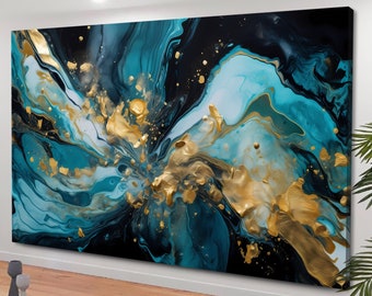Lienzo de mármol azul, arte mural de lujo, decoración de pared abstracta, abstracto azul y amarillo, arte mural abstracto, lienzo de gran tamaño, arte contemporáneo