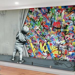 Hinter dem Vorhang, Banksy Wandkunst, Urban Style Leinwand, Kinder Graffiti Wandkunst, Moderne Straßenkunst, Martin Watson Leinwand, Große Wandkunst
