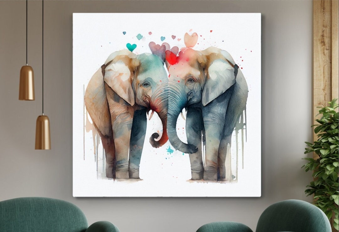 Love Wall Art, Elephant Wall Art, Elephant Painting Canvas, Watercolor ...