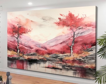 Roter Baum Druck, Landschaftsbild, Schöner roter Baum Druck, Landschaftsdekor, Berglandschaft, Leinwand Kunst