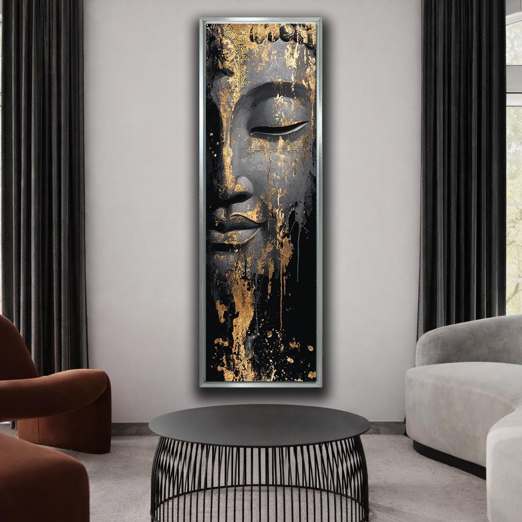 Buddha Canvas Wall Art, Black and Gold Zen Artwork, Luxury Vertical ...