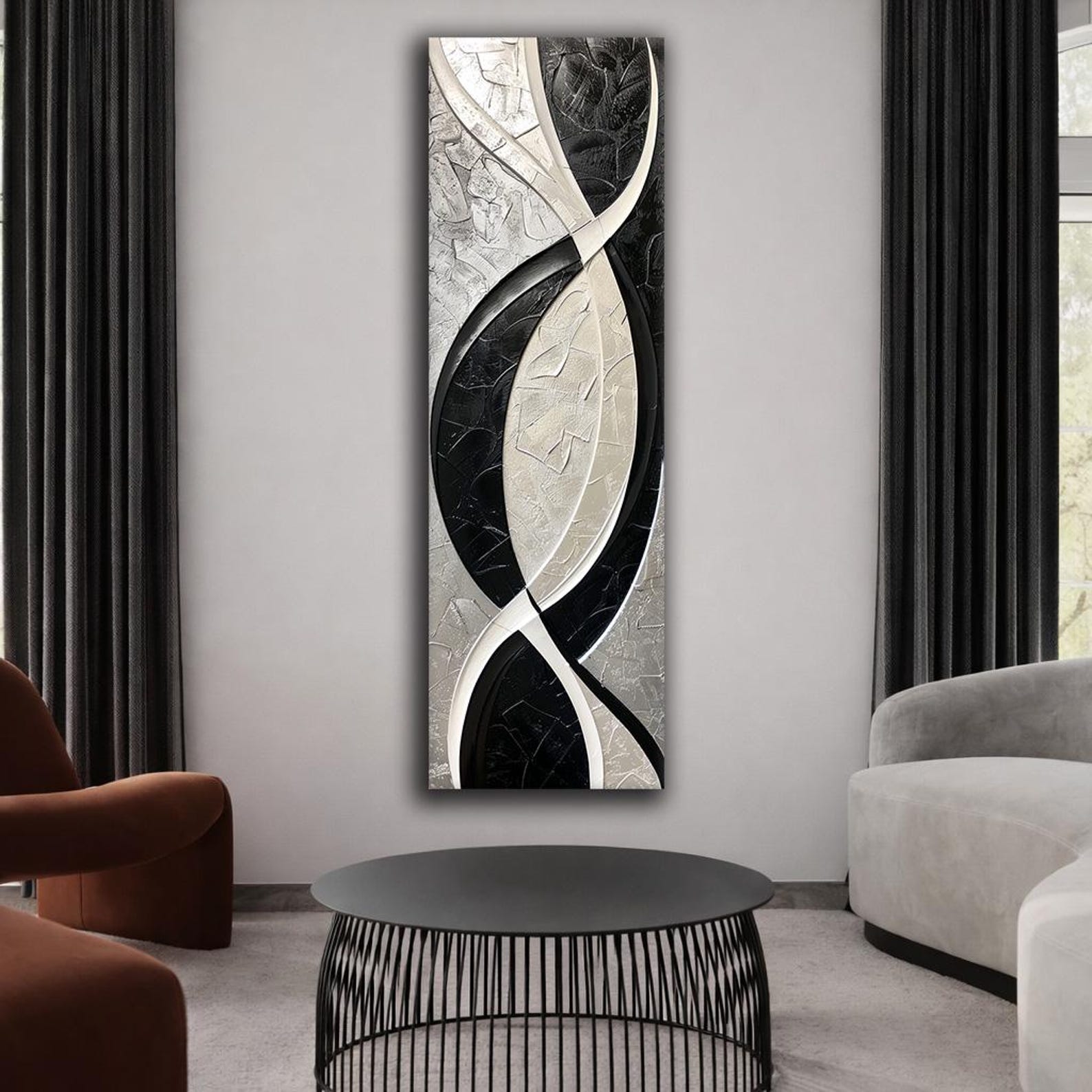 Black and White Abstract Canvas Wall Art, Vertical Modern Geometric ...