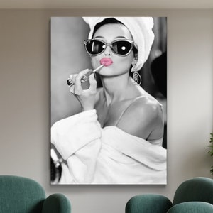 Audrey Hepburn-stijl kunst, Audrey Hepburn-make-up canvasafdruk, Audrey-poster, Hepburn roze lippen, pop-art woondecoratie, iconische muurkunst canvas, iconische muurkunst canvas