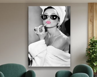 Audrey Hepburn Style Art, Audrey Hepburn Make Up Canvas Print, Audrey Poster, Hepburn Pink Lips, Pop Art Home Decor, Iconic Wall Art Canvas