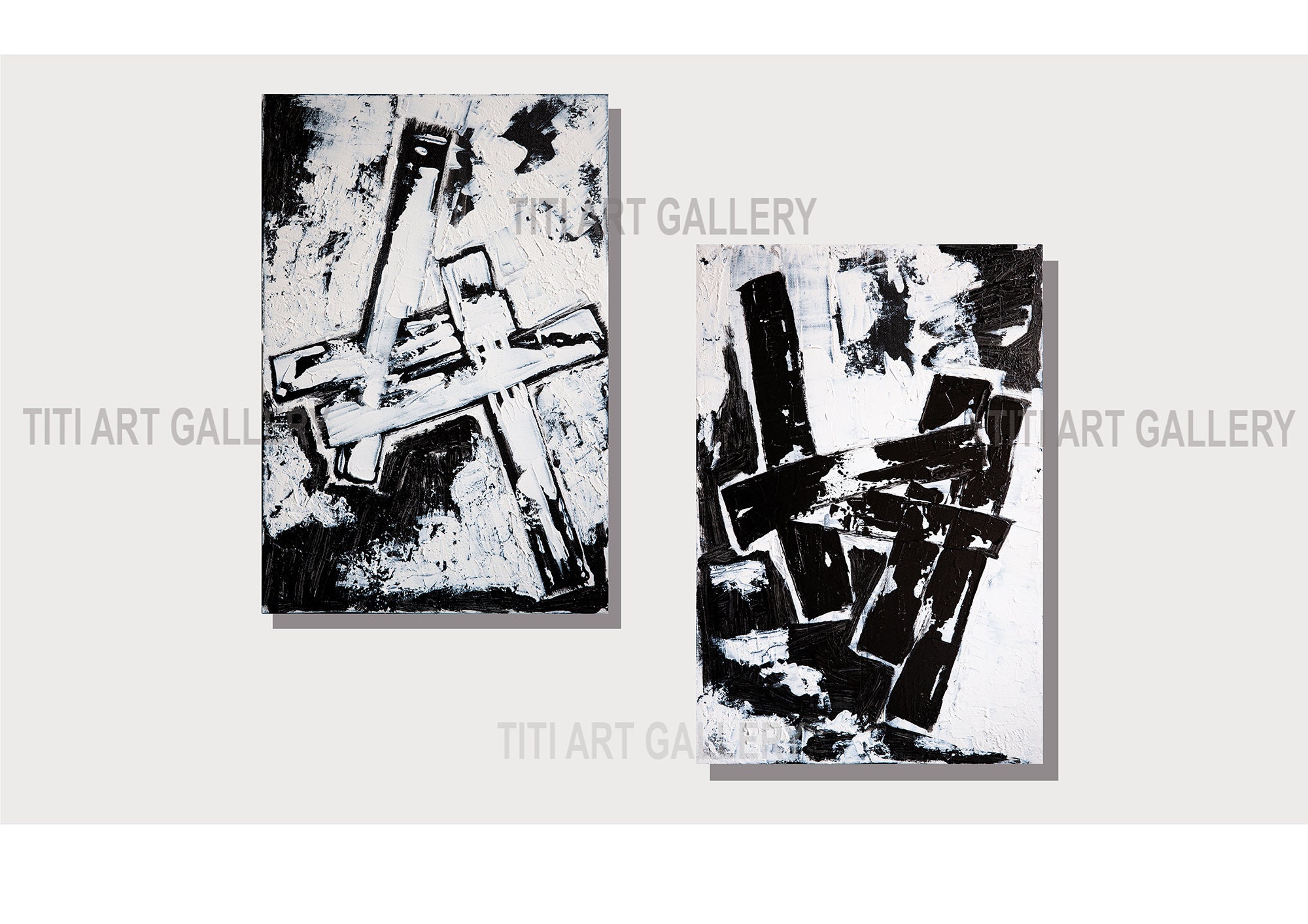 Modern Textured Abstract Black and White Painting Wall Art, Two Piece ...