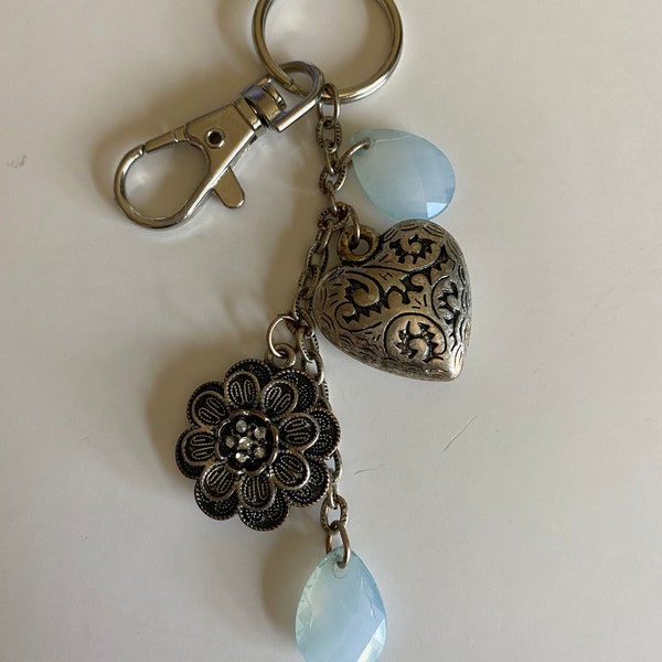 Re-purposed Costume Jewelry - Key Chain / Purse Charm - Silver with Pale Blue & Silver Charms