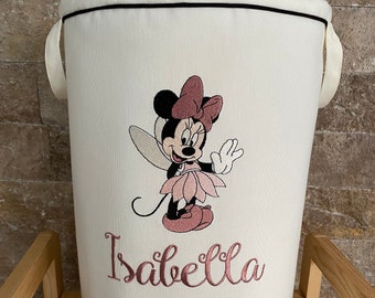 Minnie Mouse Embroidered, Handmade Personalized Baby Laundery Basket ,Nursery ,Shirred Washable Linen Hamper, Newborn Gif, Baby Shower