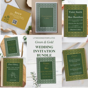 Paquete de plantillas de invitación de boda Regency Core / Verde y dorado (descarga digital de Canva)