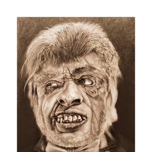 May include: A black and white drawing of a man with a disfigured face. He has a rope tied around his neck and is looking up and to the right. The drawing is done in a realistic style and captures the man's pain and suffering.
