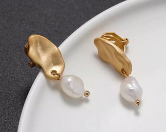 Irregular Pearl No Pierced Clip On Earrings, Matte Gold Statement Ear Clips, Gold Clip On Earrings