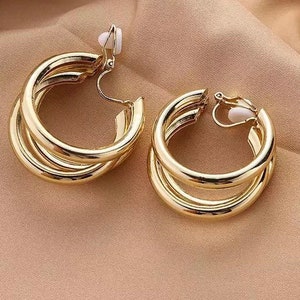 Triple Hoop Clip On Earrings, Gold Clip On Earrings, Stylish Clip On Earrings,  Non Pierced Earrrings, Vintage Look Clip On Earrings