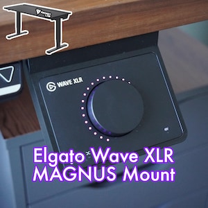 May include: A black Elgato Wave XLR microphone mounted under a desk with a black knob and a purple LED ring. The text "WAVE XLR" is visible on the microphone.
