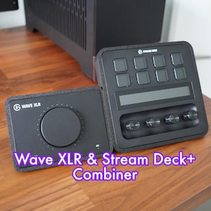 May include: A black Wave XLR audio interface with a large knob and a black Stream Deck+ with a screen and four knobs. The text "Wave XLR & Stream Deck+ Combiner" is printed below the devices.