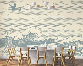 Vintage waves wallpaper - vintage ocean wallpaper - waves wall mural - kids room waves wall mural - kids room wallpaper ocean blue -WMS-445