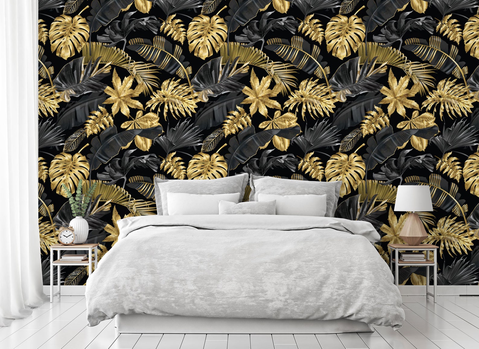 Gold Black Leaves Wallpaper big palm black and gold wall Etsy