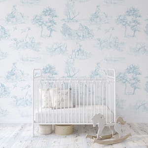 French toile Wallpaper in baby blue -The Shepherdess removable or non woven wall mural -Large Pattern -romantic baby blue wallpaper WMS-92